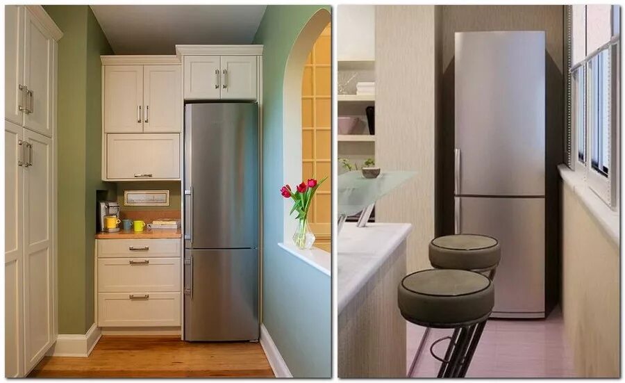 Можно ли холодильник в шкаф. Холодильник на балконе. Холодильник в маленькой кухне. Узкий холодильник для маленькой кухни. Холодильник в шкафу на балконе.