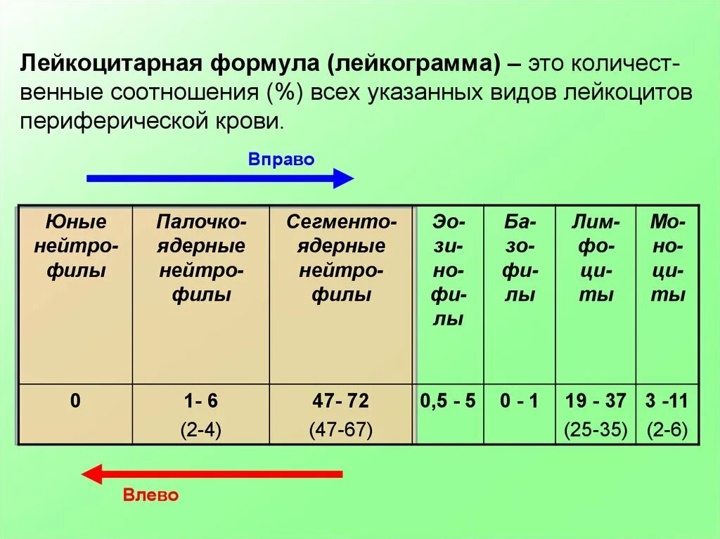 Лейкоцитарная формула расшифровка у взрослых. Лейкоцитарная формула расшифровка норма. Показатели лейкоцитарной формулы крови. Лейкоцитарная формула формула. Сдвиг лейкоцитарной формулы норма.