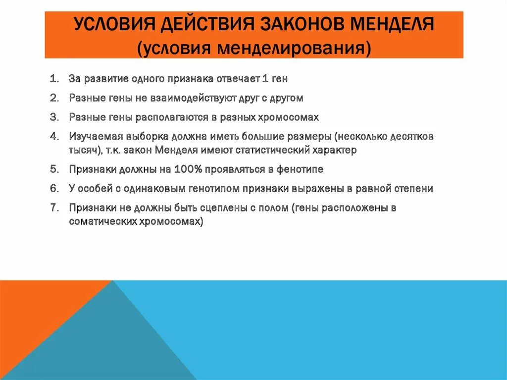 Условия выполнения законов. Условия менделирования признаков. условия моделирования признаков человека. условия действия закономерностей менделя. условия проявления законов менделя.