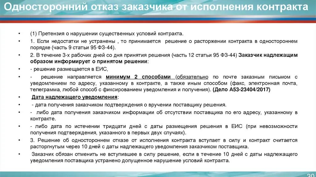 Датой надлежащего уведомления считается. Односторонний отказ от исполнения контракта поставщиком. Решение об одностороннем отказе от исполнения контракта. Решение о расторжении контракта. Односторонний отказ от контракта 44.