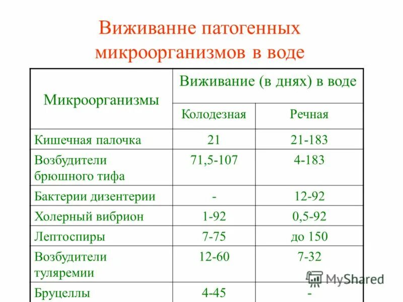 Таблица болезнетворные бактерии. Сроки выживания патогенных микроорганизмов воде таблица. Патогенные микроорганизмы, обитающие в воде. Патогенные бактерии в воде. Патогенные микроорганизмы жевушие в вод.