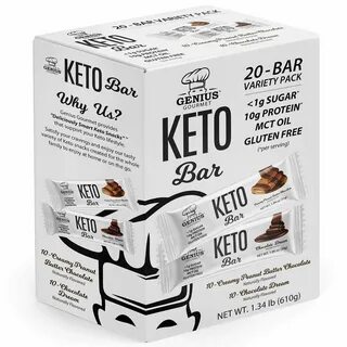 Genius Gourmet Keto Bars 20 Bars Variety Pack Gluten Free - 10g.