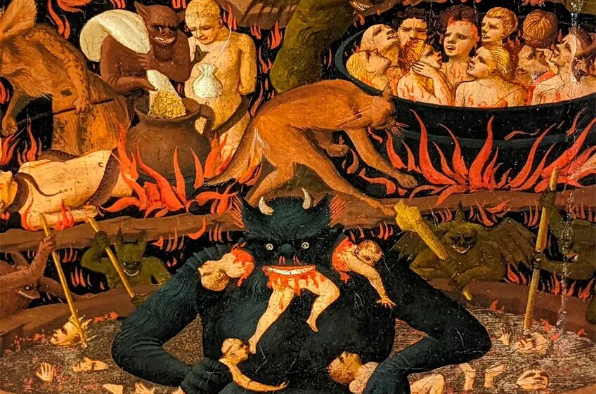 Черт мифология. Фреска демона баала. Искушение святого антония микеланджело. Грешники в аду картина брюллов. Баал молох яхве.