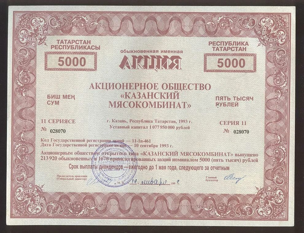 Казанский мясокомбинат. Акции акционерного общества 1994 год. Мясокомбинат Казанский. Акционерное общество Казань. Татарстан 1993.