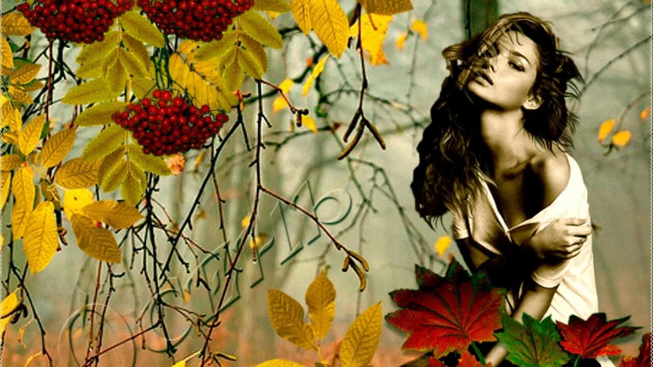 Бабье лето олицетворение. Осенняя леди. Осень анимация. Картина девушка с рябиной. Женщина в осеннем саду.