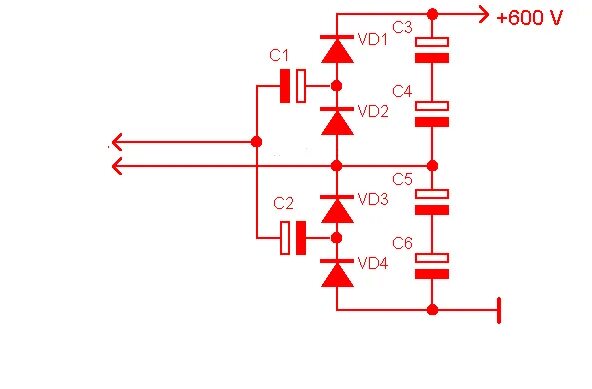 Схема удвоителя напряжения на диодах и конденсаторах. Конденсаторный умножитель напряжения. Умножитель напряжения 36 вольт схема. Умножитель напряжения со средней точкой.