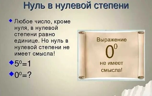 Всегда ноль. Нуль в нулевой степени равен 1. Число в нулевой степени чему равно. Чему равно 0 в степени 0. Ноль в степени ноль.