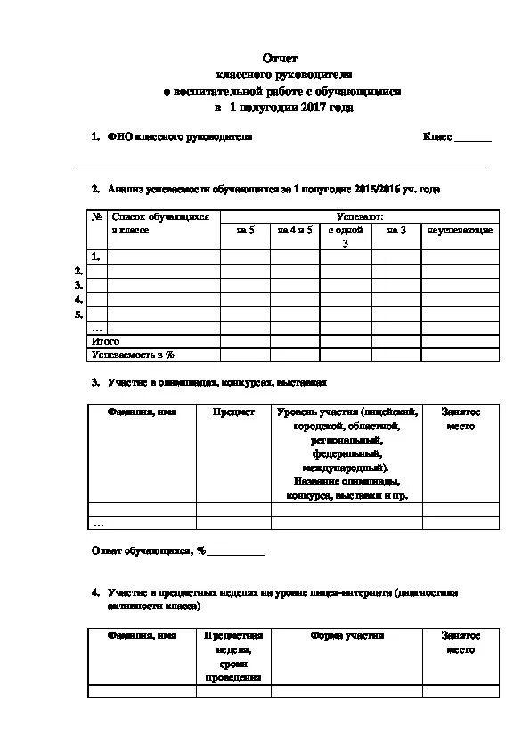 Отчет классный руководитель образец