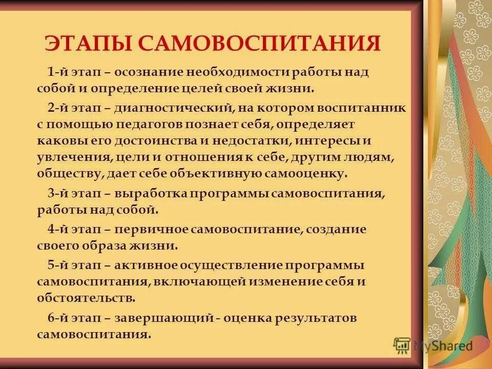 Профессиональное самовоспитание. Этапы самовоспитания. Этапы процесса самовоспитания. Этапы профессионального самовоспитания. Самовоспитание педагога.