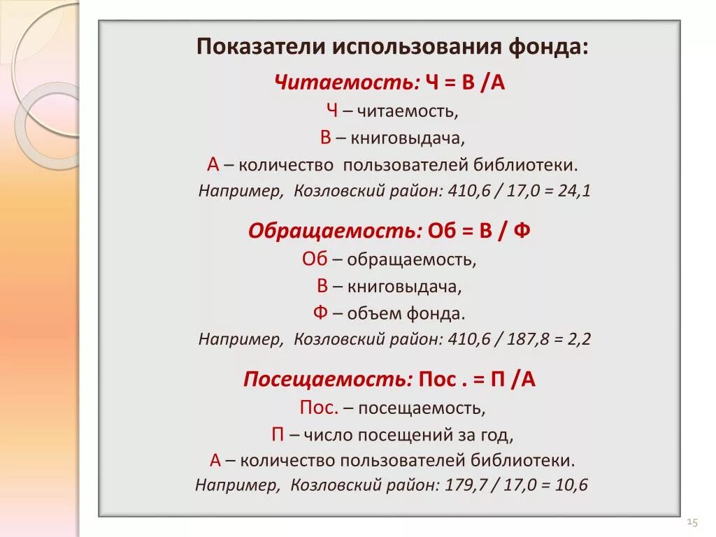 Количество посещений библиотек. Как рассчитать показатели библиотеки. Показатели библиотеки читаемость обращаемость посещаемость. Охват населения библиотечным обслуживанием формула для расчета. Как посчитать среднюю посещаемость в библиотеке.