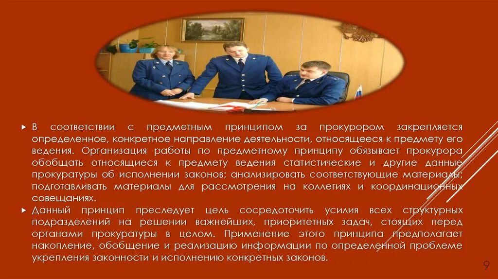 Принципы прокурора рф. Принципы прокуратуры. Предметный принцип прокуратуры. Деятельность прокурора. Принципы организации работы прокуратуры зональный предметный.