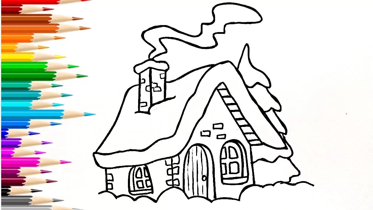 Зимний пейзаж в карандаше с домом. Снежный домик раскраска. Трафарет домик с трубой. Зимняя раскраска. Зимний домик для детей.