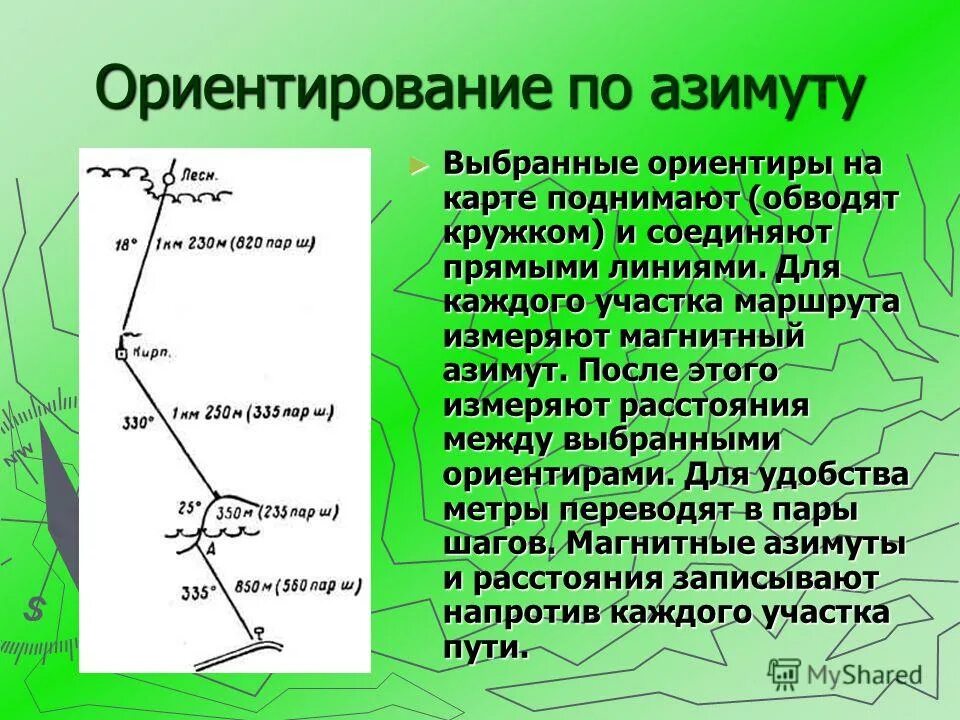 Каждый участок маршрута. Ориентирование Азимут. Ориентирование по азимуту. Ориентирование на местности по азимуту кратко. Схема движения по азимуту.