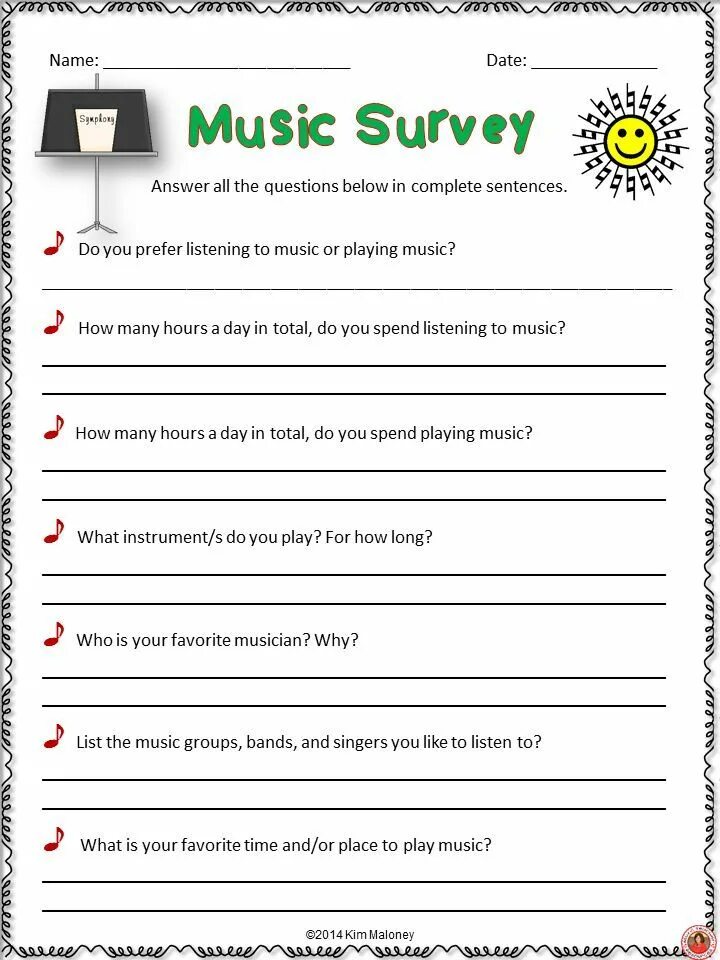 Questions about music. Music Worksheets for students. Musician handouts. Handouts for Music.