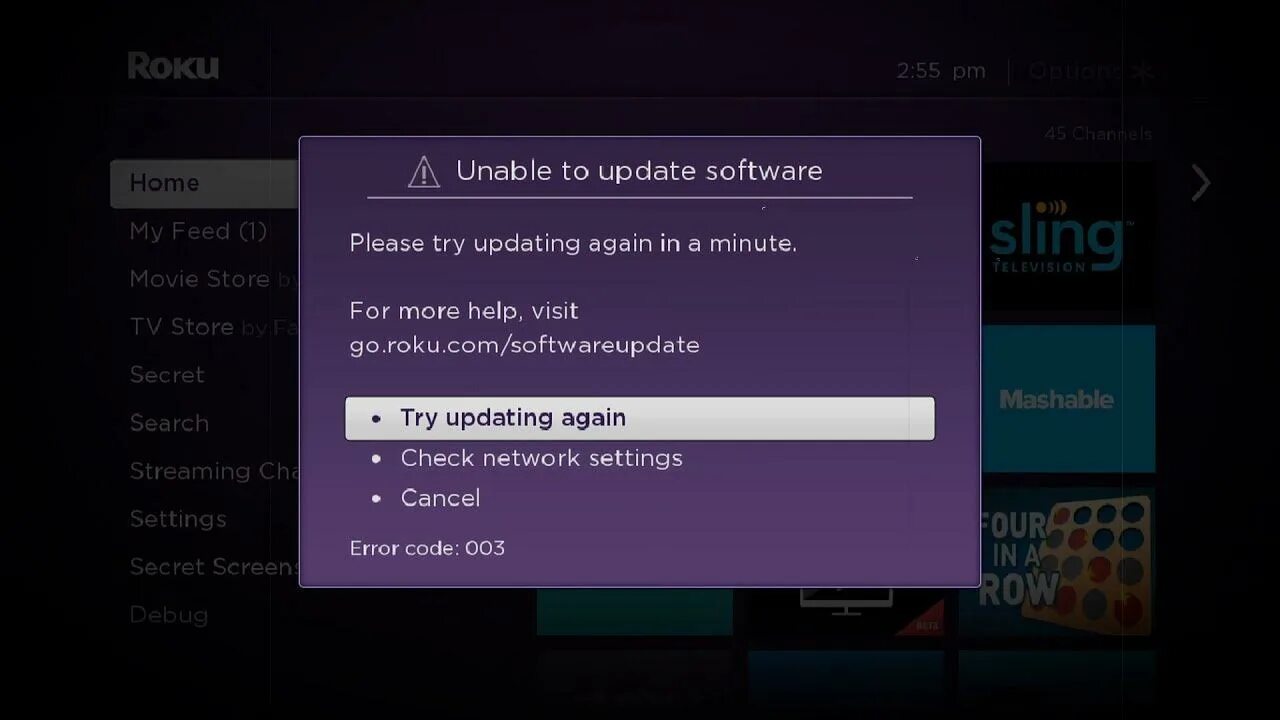 Экран отладки ТВ. Software update. TV Error. Unable to update role..