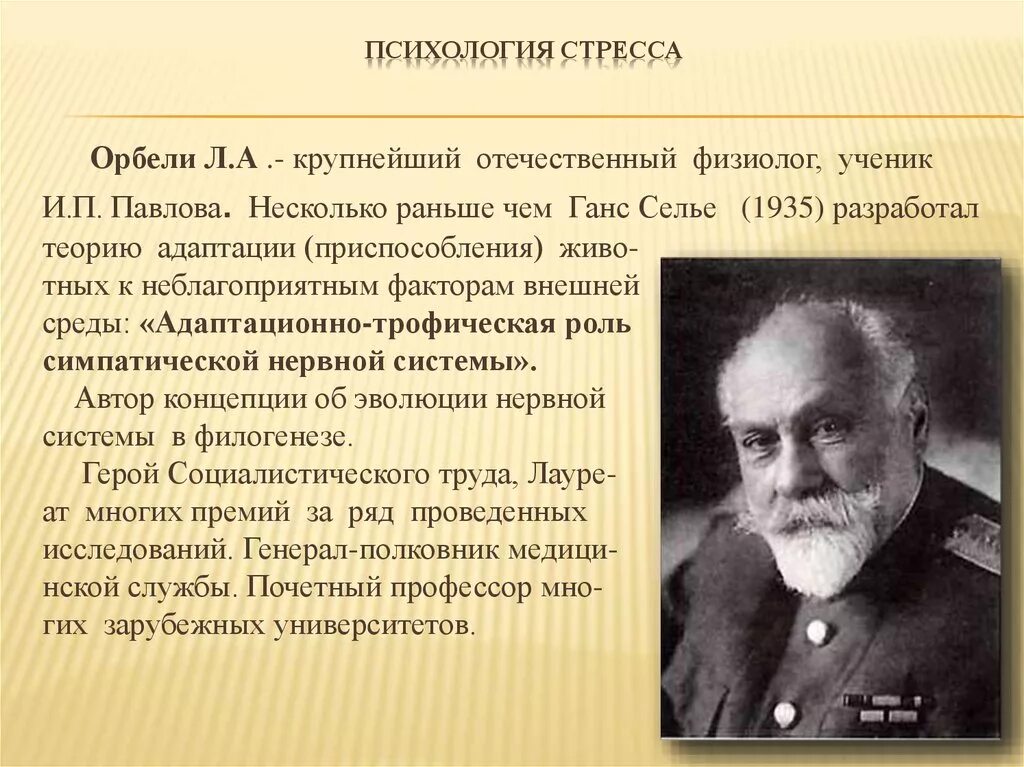 Теория и п павлова. Л А Орбели. Ученые изучающие стресс. Теория л.а. Орбели. Кто изучал стресс в психологии.