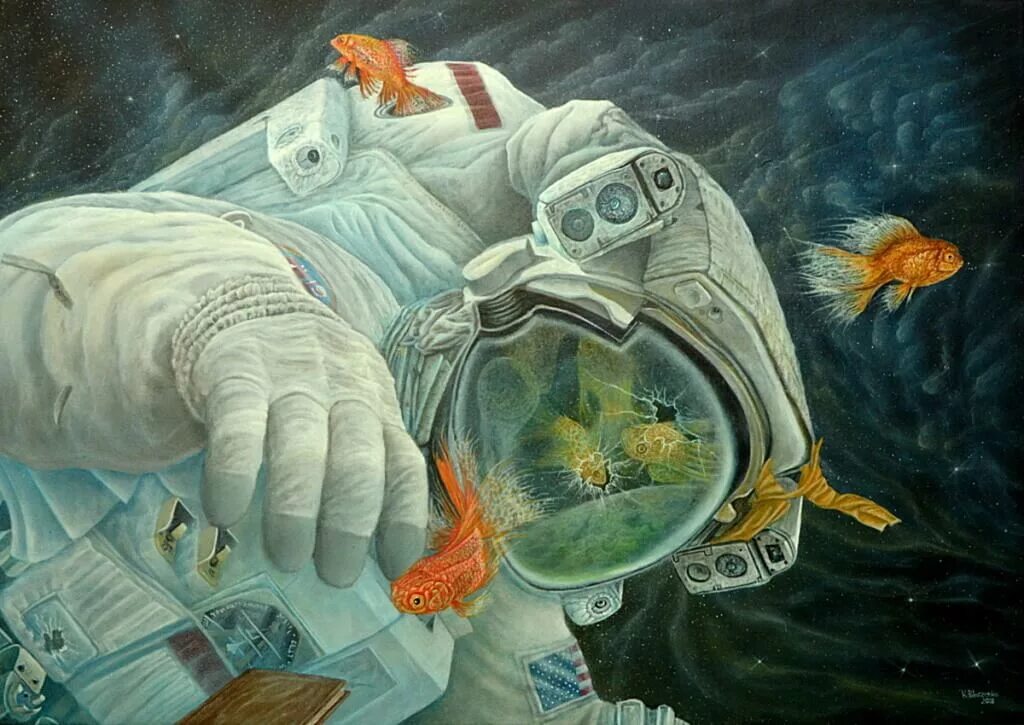 Какие живые существа были в космосе. Рыбы в космосе. Рыбки в космосе. Рыба космонавт. Сюрреализм космос.
