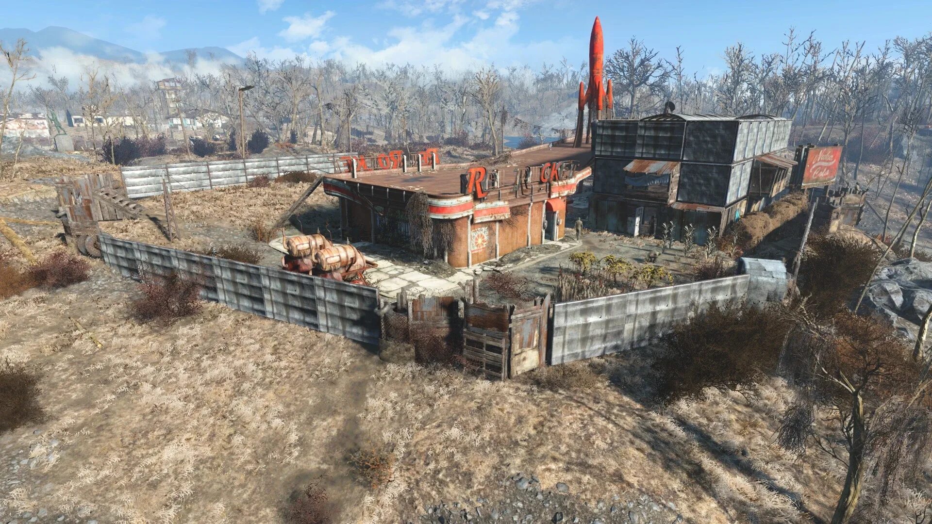 Fallout 4 ракеты. Фоллаут 4 поселение красная ракета. fallout 4 застройка red rocket. фоллаут 4 красная ракета застройка. стоянка грузовиков красная ракета fallout 4.