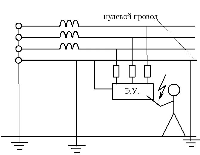 Нулевой контур. Защитное заземление электродвигателей 380в тока. Нулевой провод на схеме. Нулевой провод схема электротехники. Схема зануления электрооборудования.