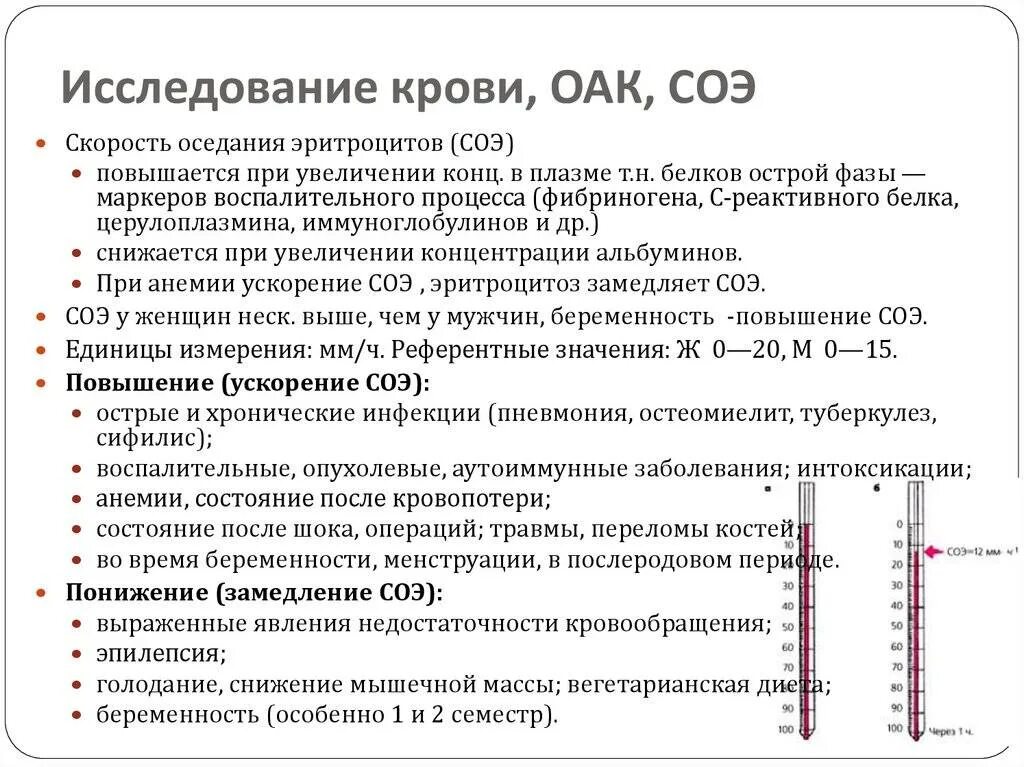 Что значит соэ в крови у женщин. Скорость оседания эритроцитов СОЭ повышена. Факторы, определяющие скорость оседания эритроцитов (СОЭ).. Увеличение СОЭ причины. Обследование ОАК+СОЭ что это.