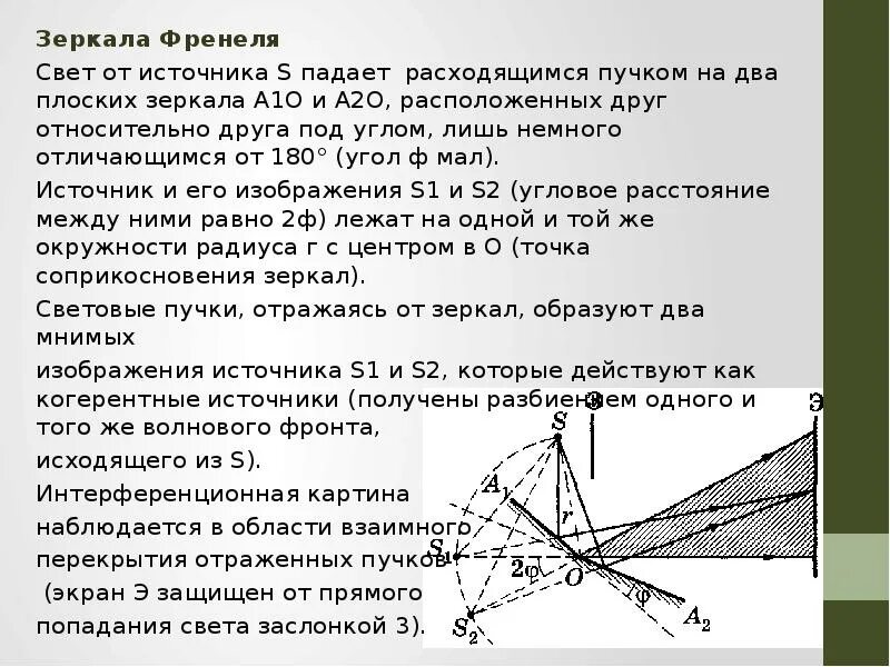 При наблюдении из какой точки. Бизеркала Френеля ход лучей. Бизеркала Френеля опыт. Схема бизеркала Френеля. Зеркало Френеля интерференция.