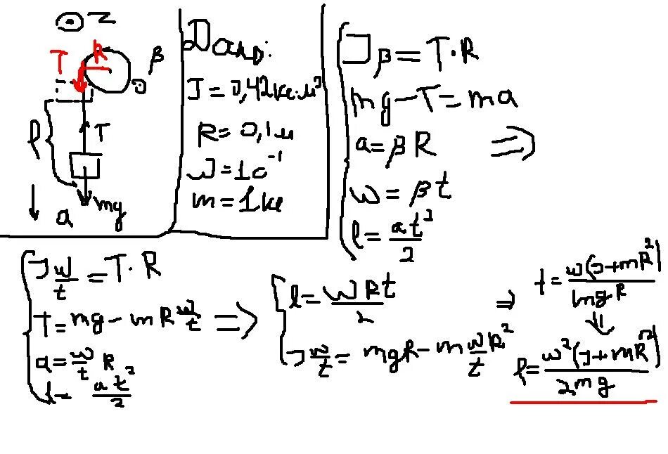 Груз массой 1 кг падает. По ободу шкива насаженного на общую ось с маховым колесом намотана. На горизонтальную ось насажены маховик и легкий шкив радиусом r. Нить намотана на обод колеса. Велосипедное колесо массой м.