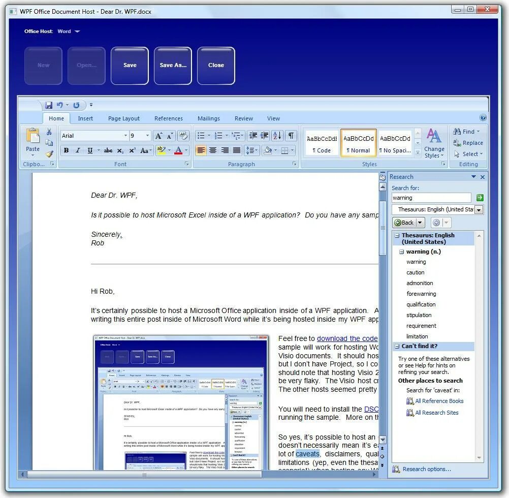Word hosts. WPF. WPF Office. WPF application. WPF-89-1.