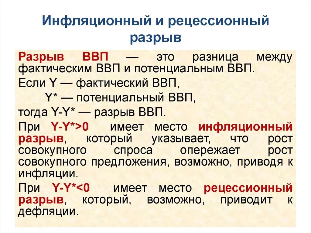 Рецессионный и инфляционный разрывы. Инфляционный разрыв и рецессионный разрыв. Инфляционный и рецессионный разрывы в экономике. Инфляционный и дефляционный (рецессионный) разрывы..