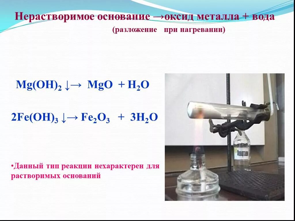 Укажите основание которое разлагается при нагревании. Разложение нерастворимых оснований при нагревании. Нерастворимое основание оксид металла вода. Нерастворимые основания при нагревании разлагаются. Нерастворимые основания при нагревании.