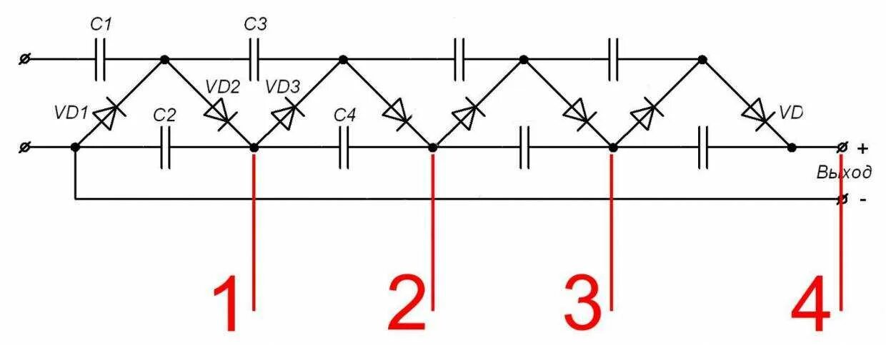 Схема умножителя напряжения на диодах и конденсаторах. Схема умножителя напряжения постоянного тока. Умножитель напряжения на диодах и конденсаторах постоянного тока. Умножитель постоянного напряжения на диодах и конденсаторах схема.