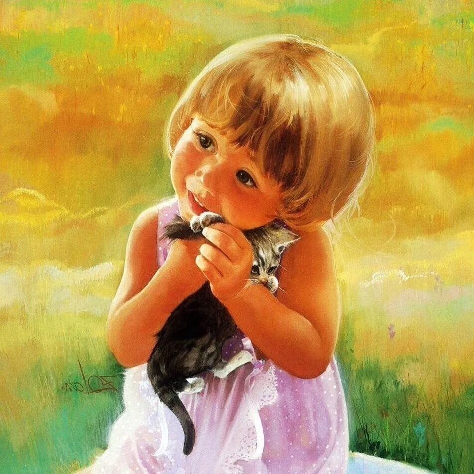 Картины Дональда Золана беззаботное детство. Девочка с котятами.
