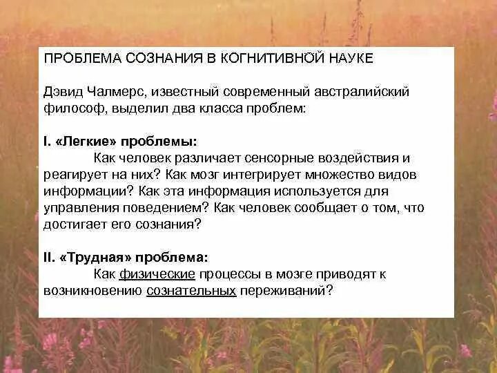 Проблема сознания искусственного интеллекта. Когнитивное сознание. легкая и «трудная» проблемы сознания д. чалмерса. сознание в когнитивной психологии. чалмерс проблема сознания.