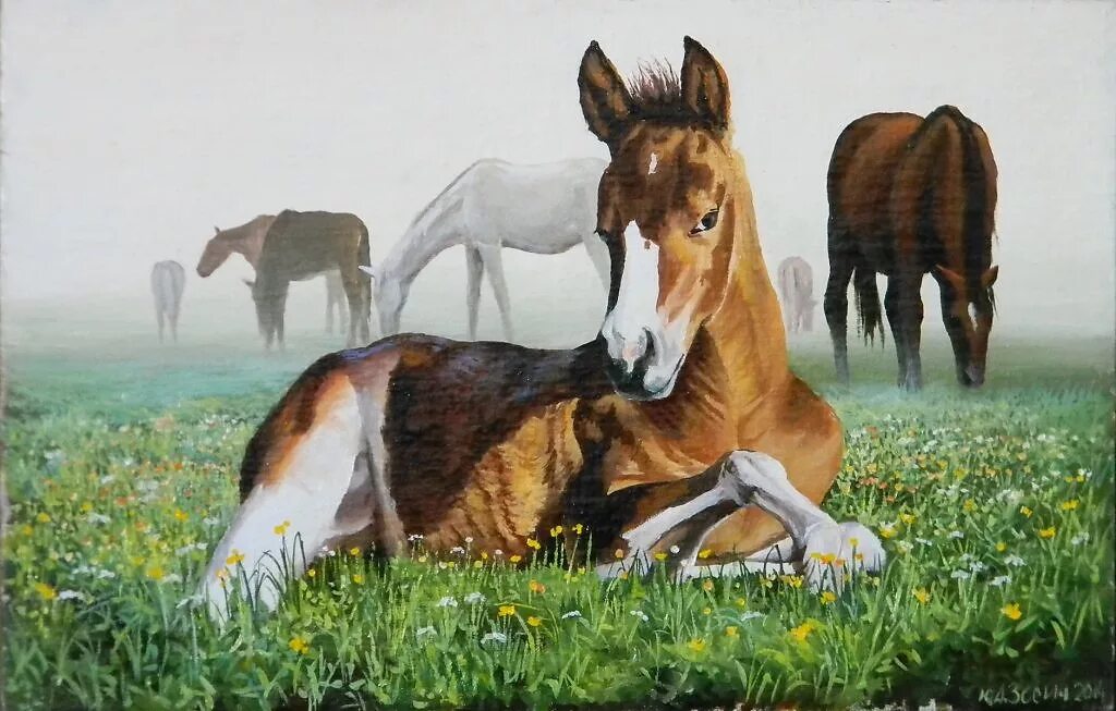 Он выбрался из окружения с полтораста лошадьми. Художник Paul Krapf "Маре с жеребенком". Лошадь с жеребенком. Лошадь с жеребенком на поле. Лошади в искусстве.