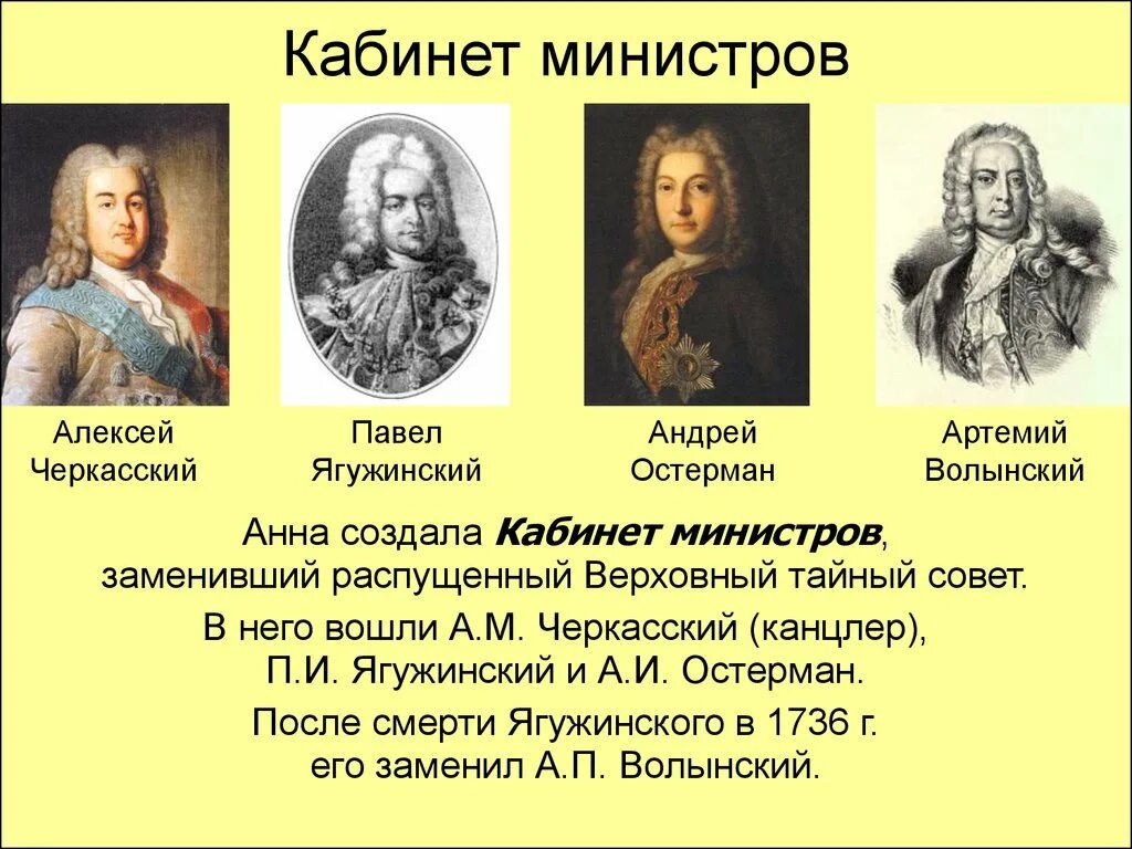 Кабинет министров при Анне Иоанновне. Остерман Верховный тайный совет. 4 учреждение кабинета министров