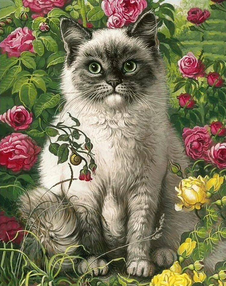 Открытка кот с цветами. Yana Movchan художник картины.