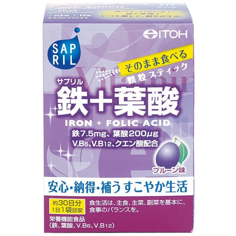 Itoh железо и фолиевая кислота, саше / SAPRIL, 30 шт.. Витамин с Япония Itoh. Японские витамины b6 b12 железо. Витамины для железа японские.