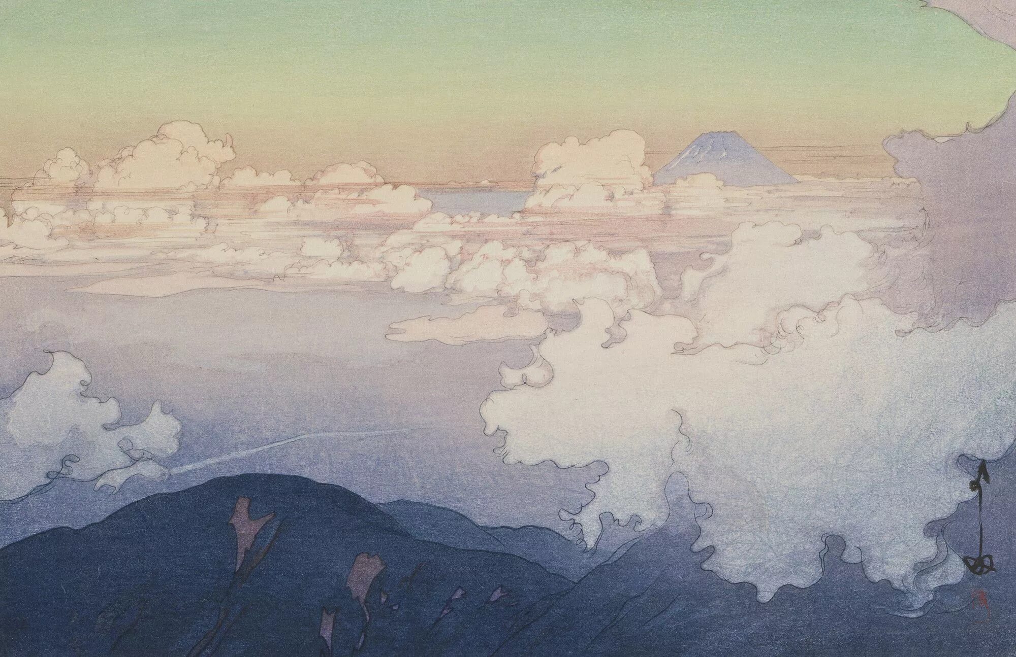 Японские облака. Хироси Есида картины. Хироси Есида японский художник. Есида Хироси (1876-1950) "Сакура в Кавагоэ". Хироси Йосида облака.