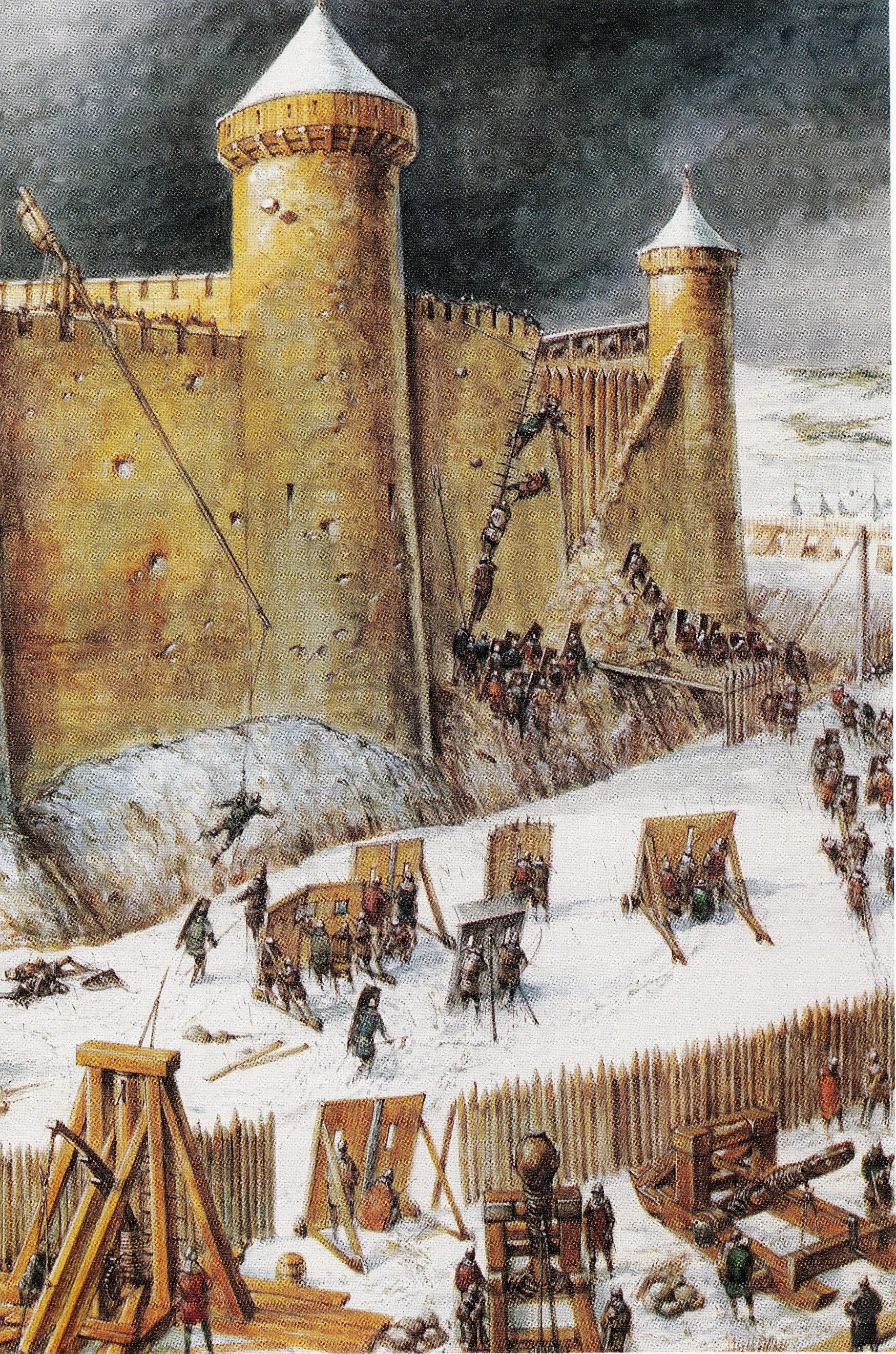 Осада средневекового замка. Штурм средневекового замка. Осада Шато-Гайяра картина. Штурм замка в средневековье.