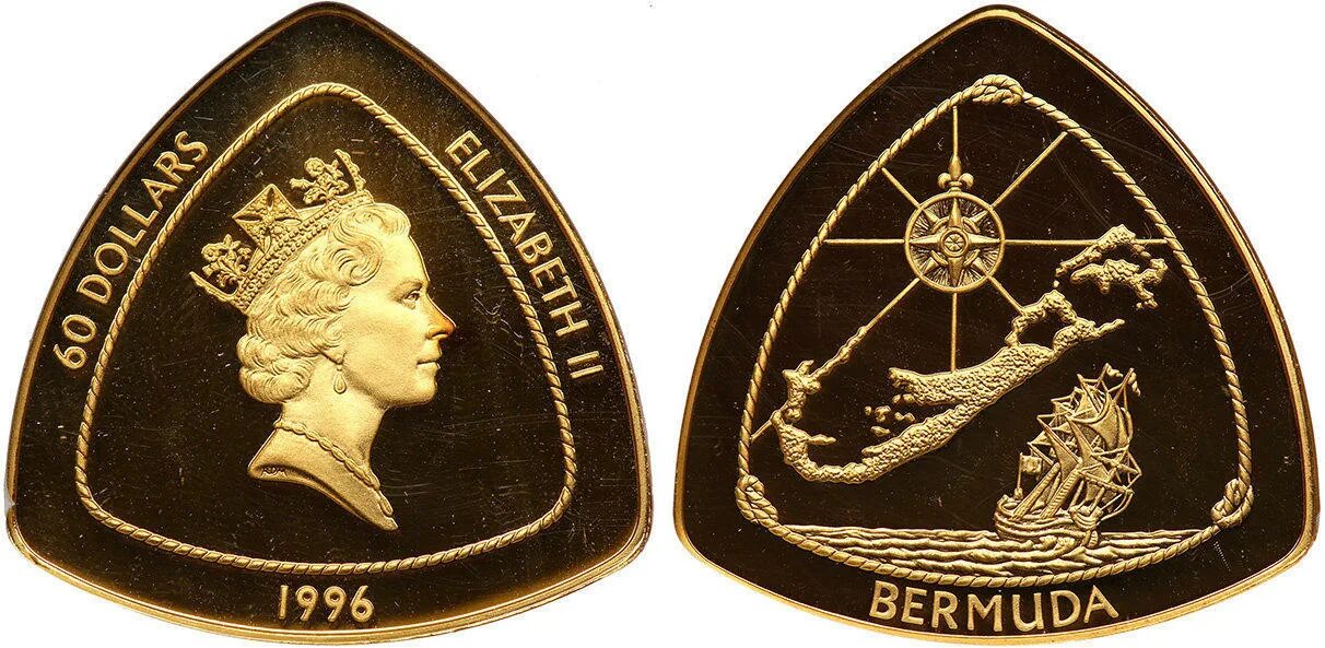 Треугольные монеты. Треугольная монета Бермудских островов. Монеты острова Кука треугольные. Треугольные 3 доллара монета.