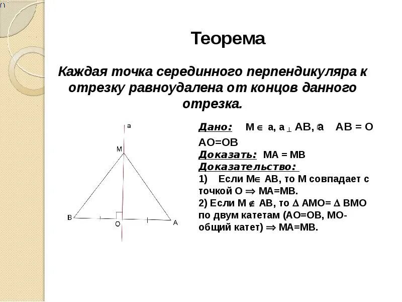 Докажите что геометрическое место точек. Теорема о свойстве серединного перпендикуляра доказательство. Теорема о серединном перпендикуляре к отрезку. Телрема об серединном перепендиулчре. Свойство серединного перпендикуляра к отрезку доказательство.