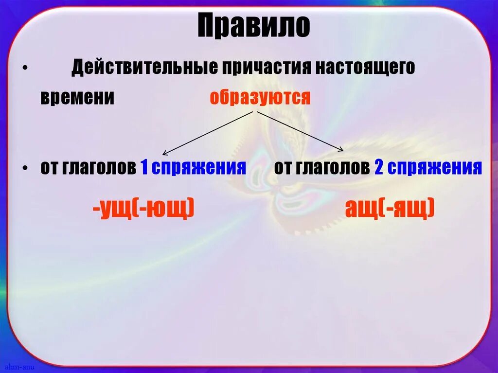 Ущ ющ ащ ящ в причастиях упражнения. Действительные и страдательные причастия. Действительное Причастие и страдательные причастия. Действительные причастия настоящего времени правило. Словообразование действительных причастий.