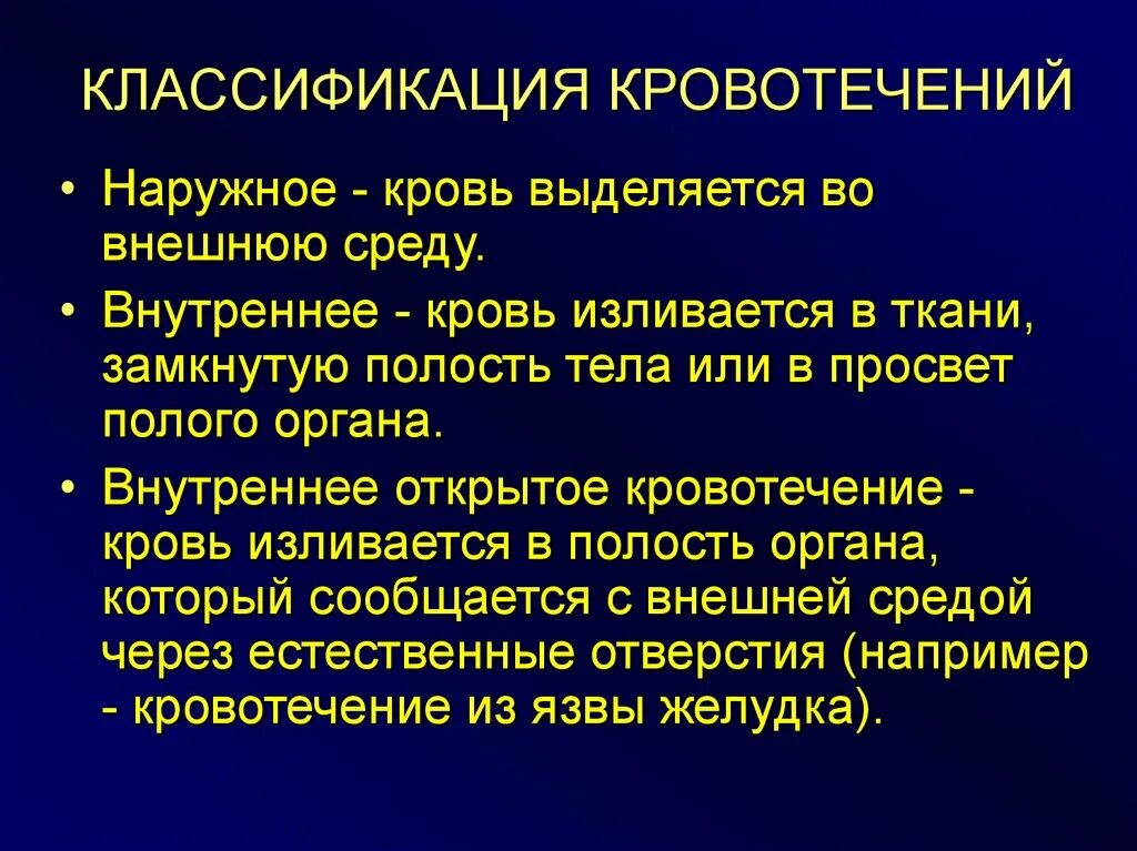 Как называется внутреннее кровотечение. 2. Классификация кровотечений. Классификация кровотечений по характеру проявления. Классификация наружных кровотечений. Классификация кровотечений по виду поврежденного сосуда.