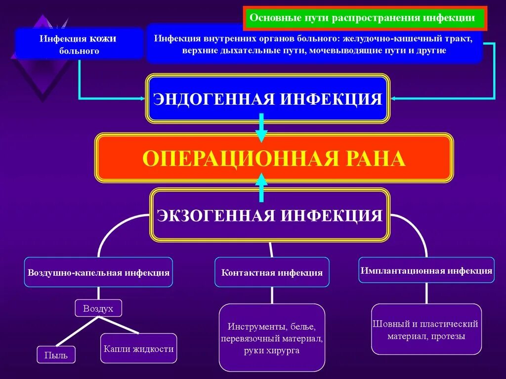 Экзогенные пути передачи инфекции. Пути распространения инфекции. Пути проникновения хирургической инфекции. Пути распространения эндогенной инфекции.