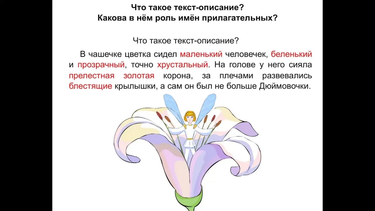 В чашечке цветка сидел маленький. Роль имен прилагательных в тексте. В чашечке цветка сидел маленький человечек Беленький и прозрачный. Что такое текст описание какова в нем роль прилагательных.