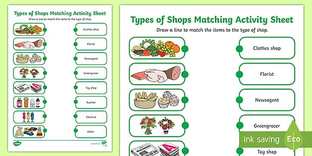 Types of shops. Kinds of shops. Different kinds of shops. Matching activity. Match the signs to the shops