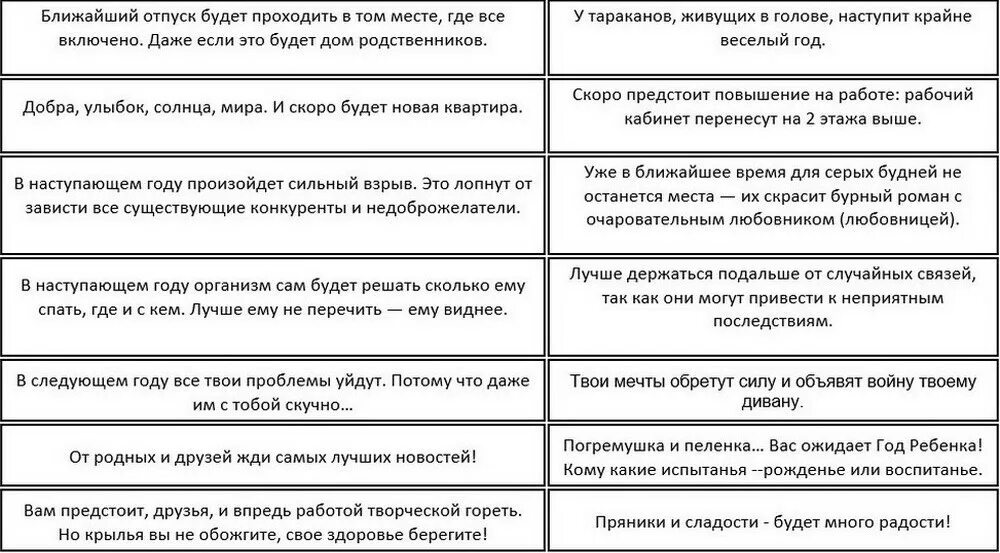 Предсказания смешные шуточные предсказания короткие. Новогодние пожелания предсказания на бумажках. Предсказания на новый год на бумажках короткие шуточные. Новогодние предсказания шуточные.