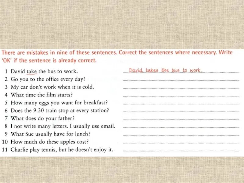 Correct the sentences. Correct the mistakes in the sentences. Find mistakes in the sentences. Find and correct the mistakes. There is mistake in each sentence