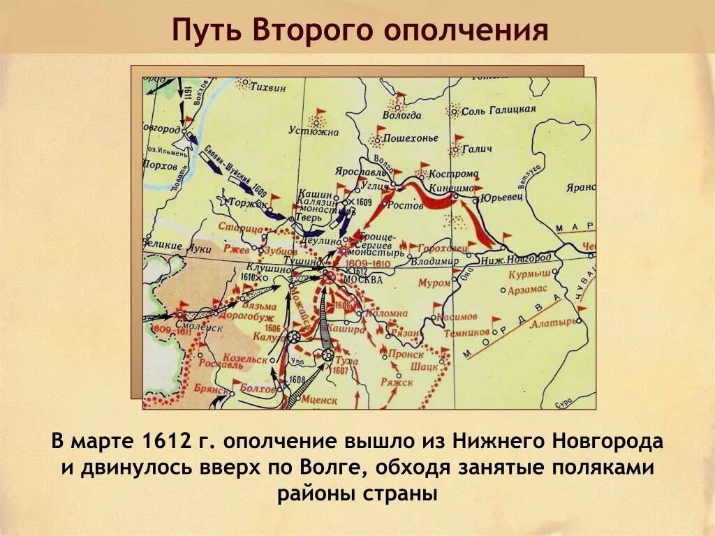 Где было второе ополчение. Поход второго ополчения Минина и Пожарского карта. Походы второго ополчения на карте. Поход второго народного ополчения. Карта второго ополчения 1612.