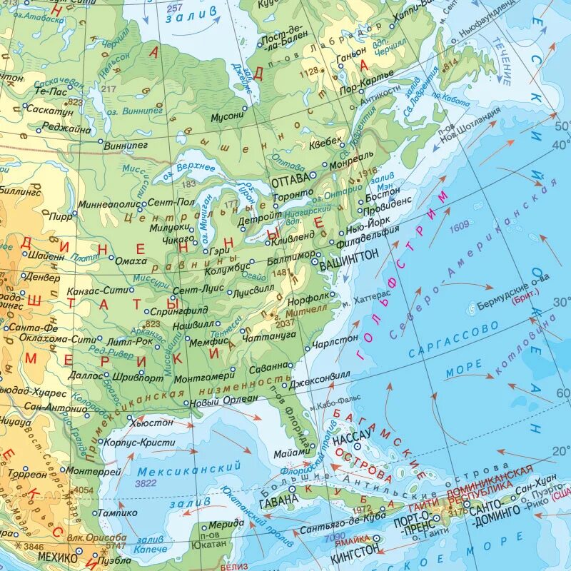 На севере северной америки расположен огромный. Подробная карта Северной Америки. Физ карта Северной Америки. Карта Северной Америки географическая. Северная Америка залив Святого Лаврентия.
