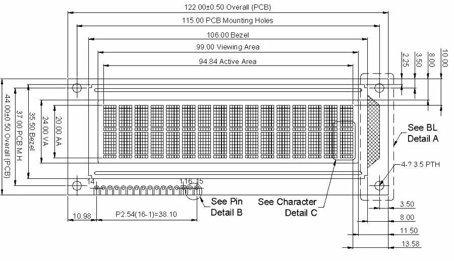 Lcd дисплей размеры. Lcd 1602 габариты. lcd 1602 чертеж. дисплей 1602 габариты. размер lcd экрана 1602.